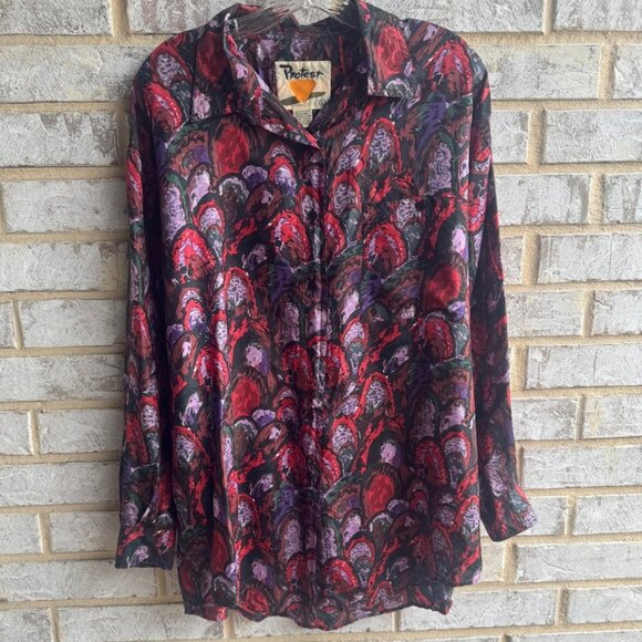 Protest 100% Silk Vintage Long Sleeve Button Front Abstract Blouse Size L - Picture 1 of 7